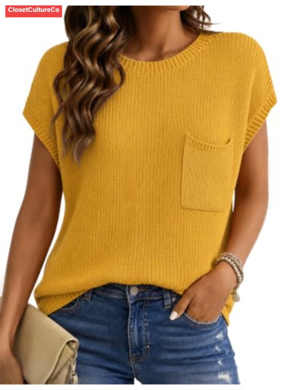 Cap Sleeve Ribbed Knit Sweater Vest Women's Trendy Pullover